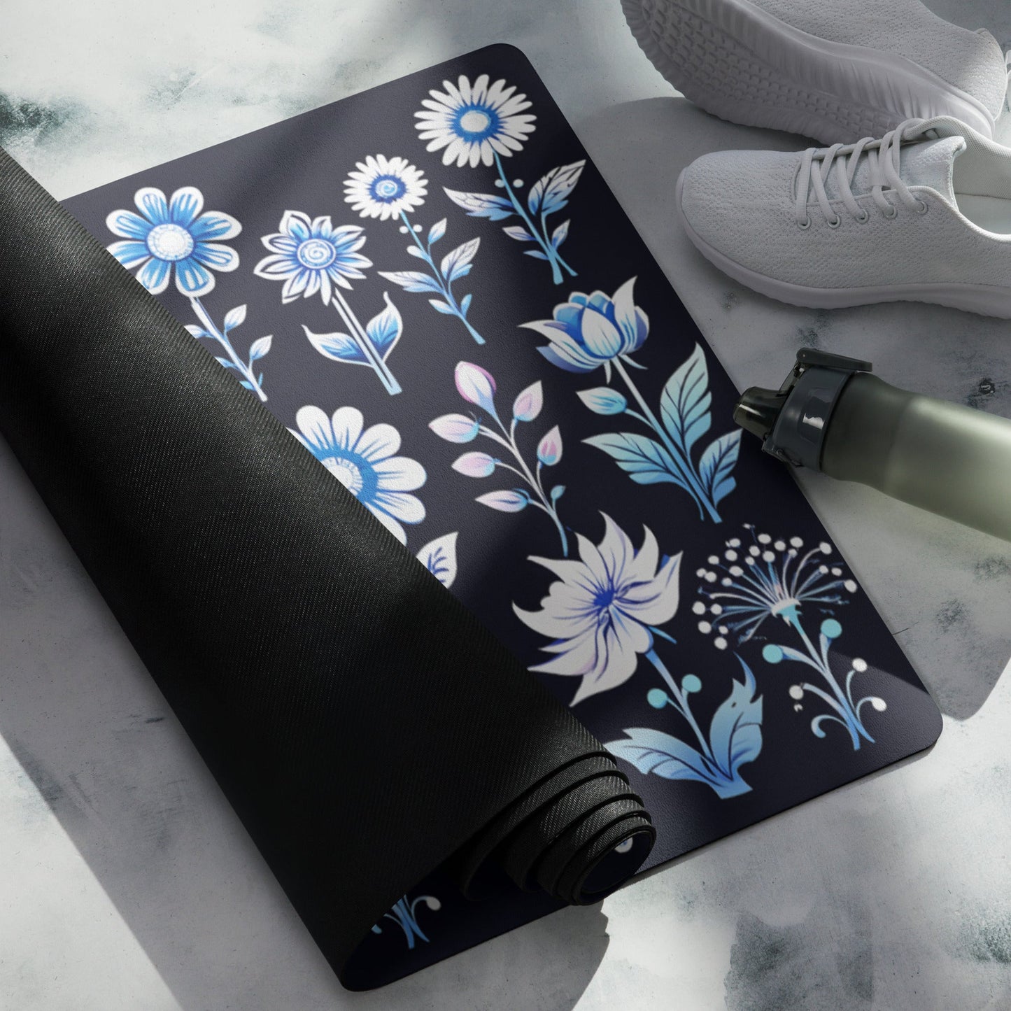 White and Blue Flowers Yoga Mat - Discovery Co.