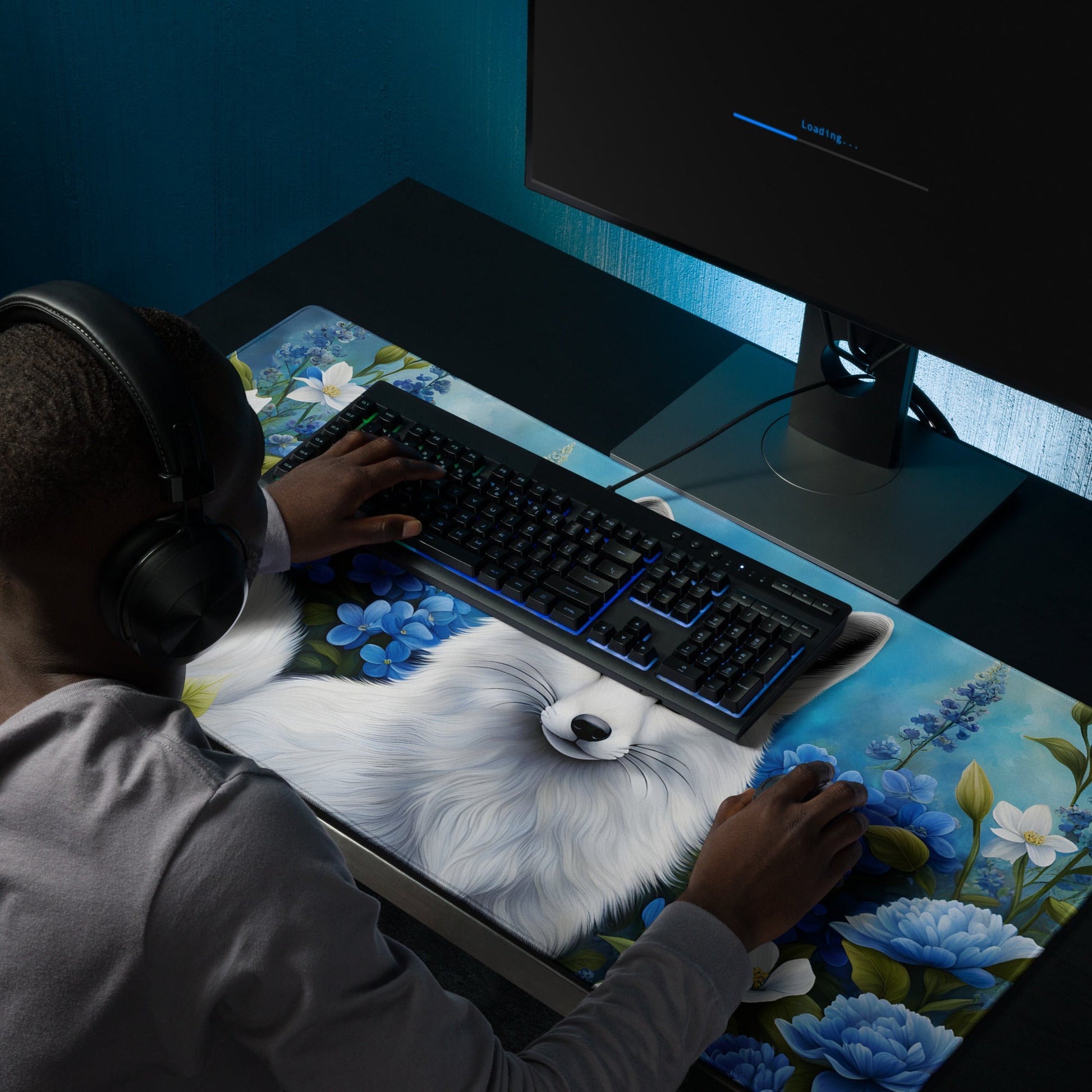 White Fox and Blue Flowers Gaming Mouse Pad - Mouse Pads - Discovery Co.