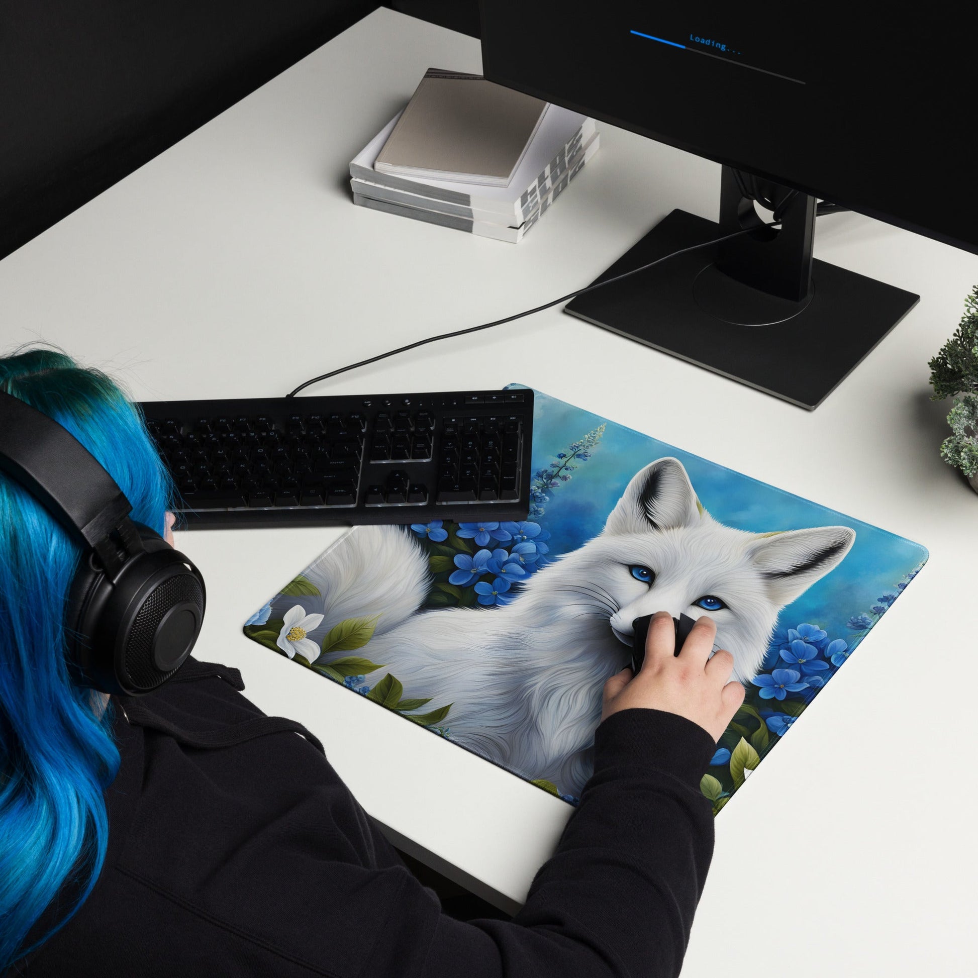 White Fox and Blue Flowers Gaming Mouse Pad - Mouse Pads - Discovery Co.