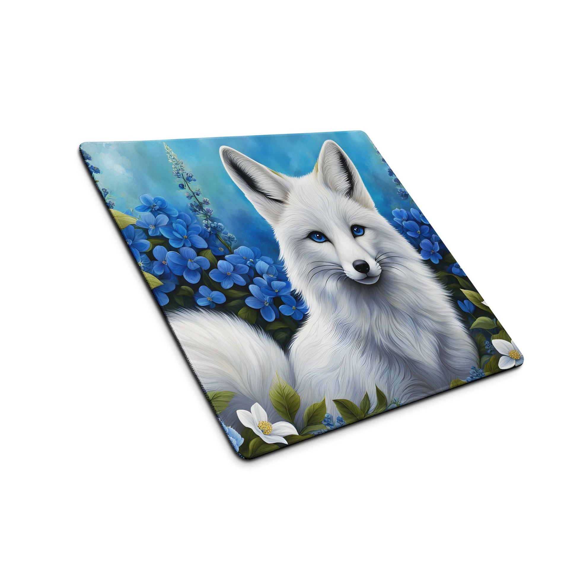 White Fox and Blue Flowers Gaming Mouse Pad - Mouse Pads - Discovery Co.