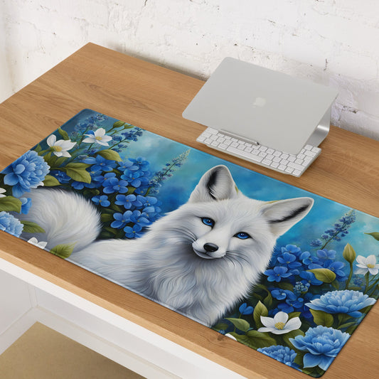 White Fox and Blue Flowers Gaming Mouse Pad - Mouse Pads - Discovery Co.