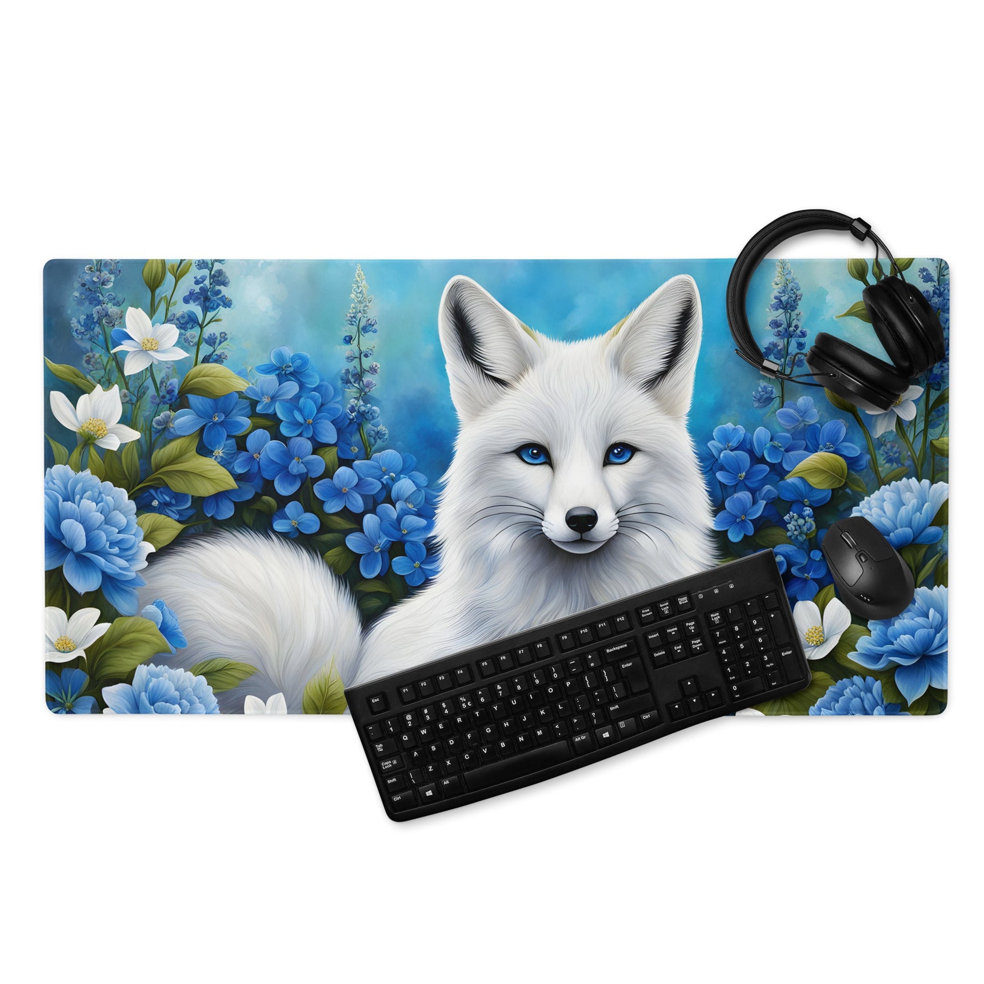 White Fox and Blue Flowers Gaming Mouse Pad - Mouse Pads - Discovery Co.