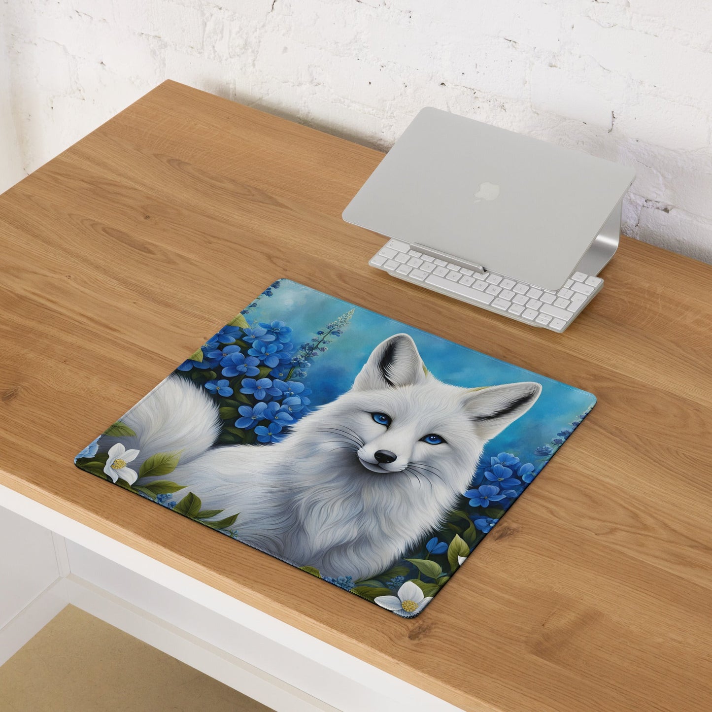 White Fox and Blue Flowers Gaming Mouse Pad - Mouse Pads - Discovery Co.