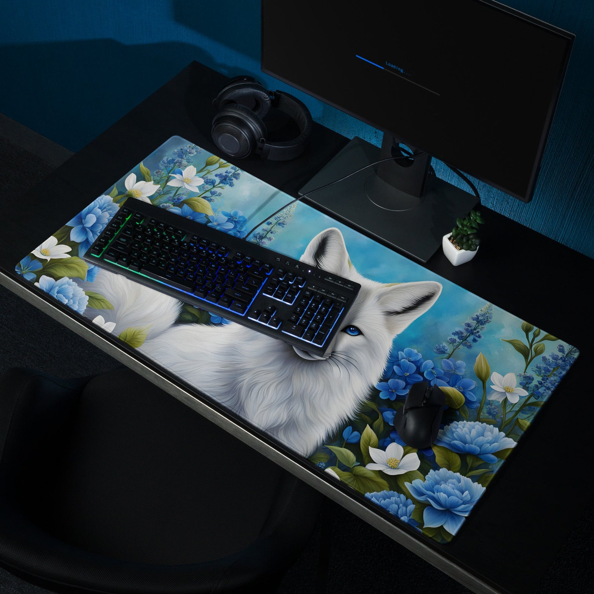 White Fox and Blue Flowers Gaming Mouse Pad - Mouse Pads - Discovery Co.