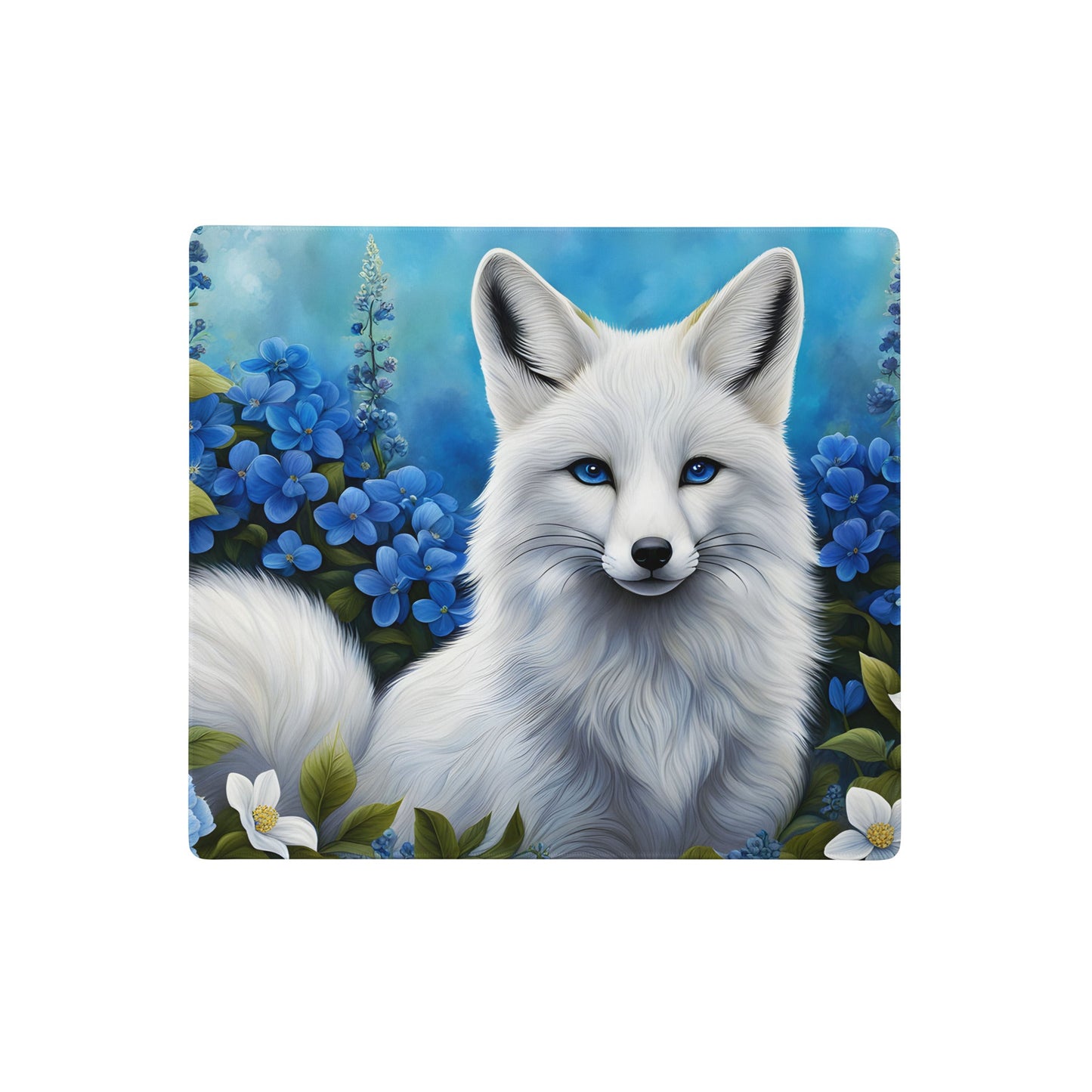 White Fox and Blue Flowers Gaming Mouse Pad - Mouse Pads - Discovery Co.