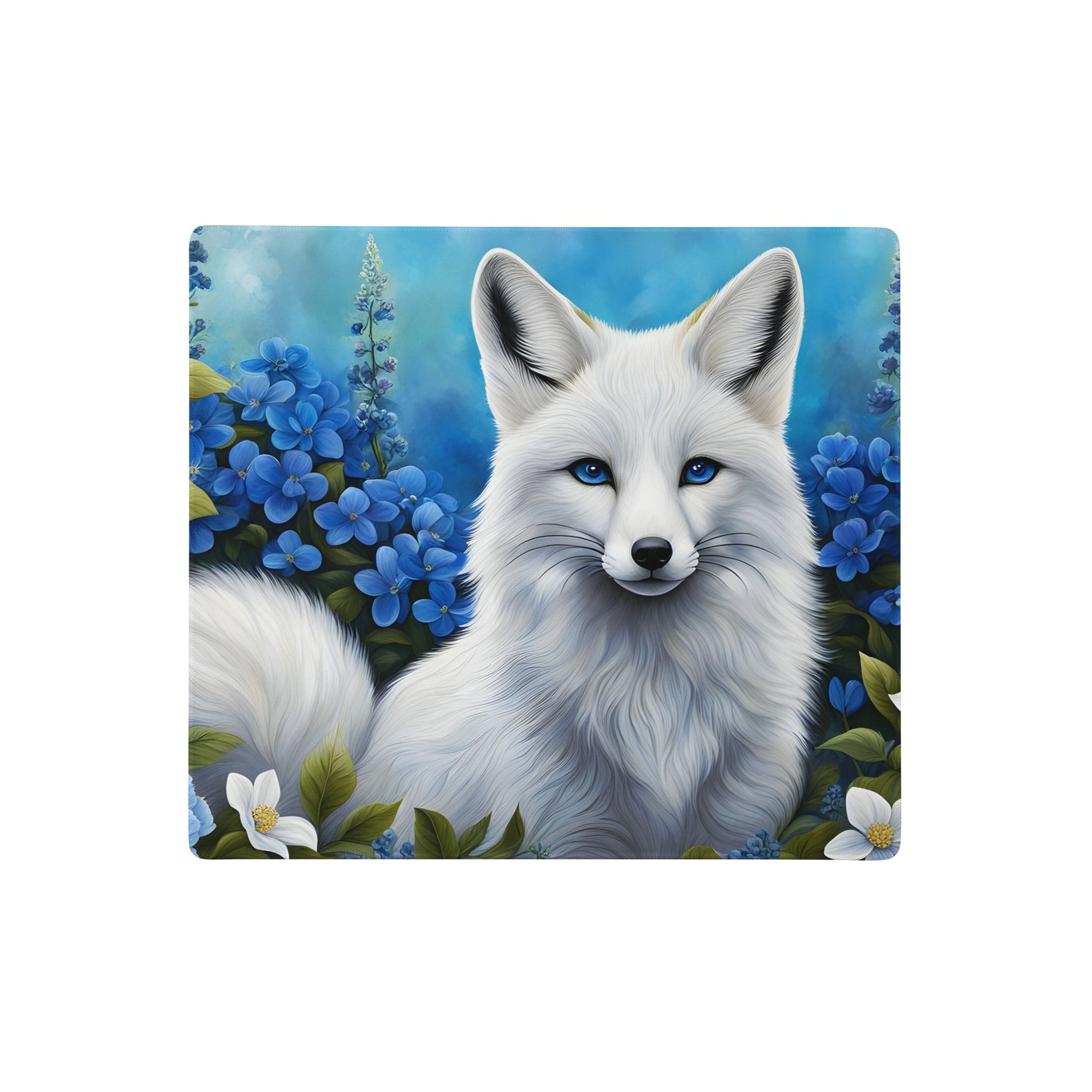 White Fox and Blue Flowers Gaming Mouse Pad - Mouse Pads - Discovery Co.