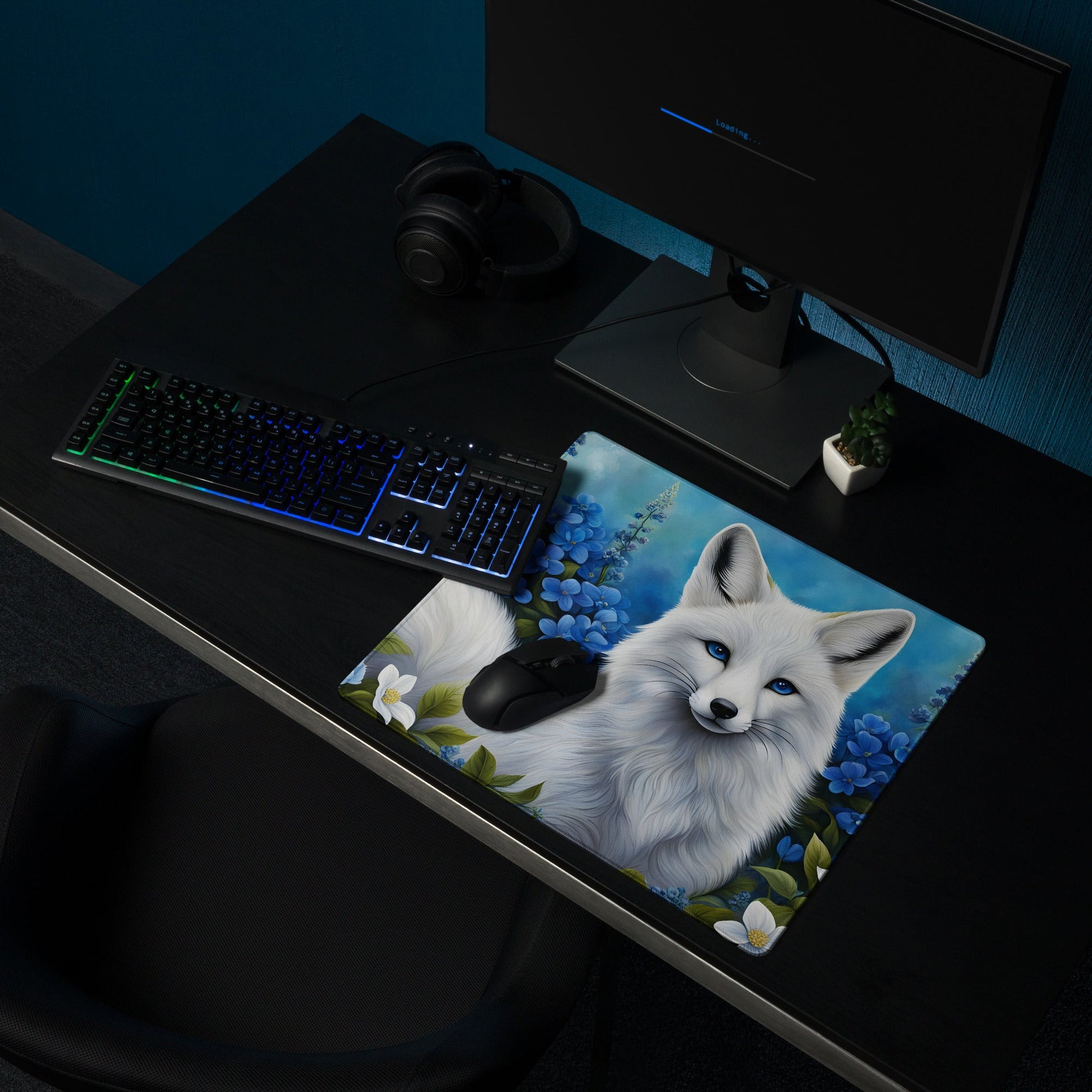 White Fox and Blue Flowers Gaming Mouse Pad - Mouse Pads - Discovery Co.