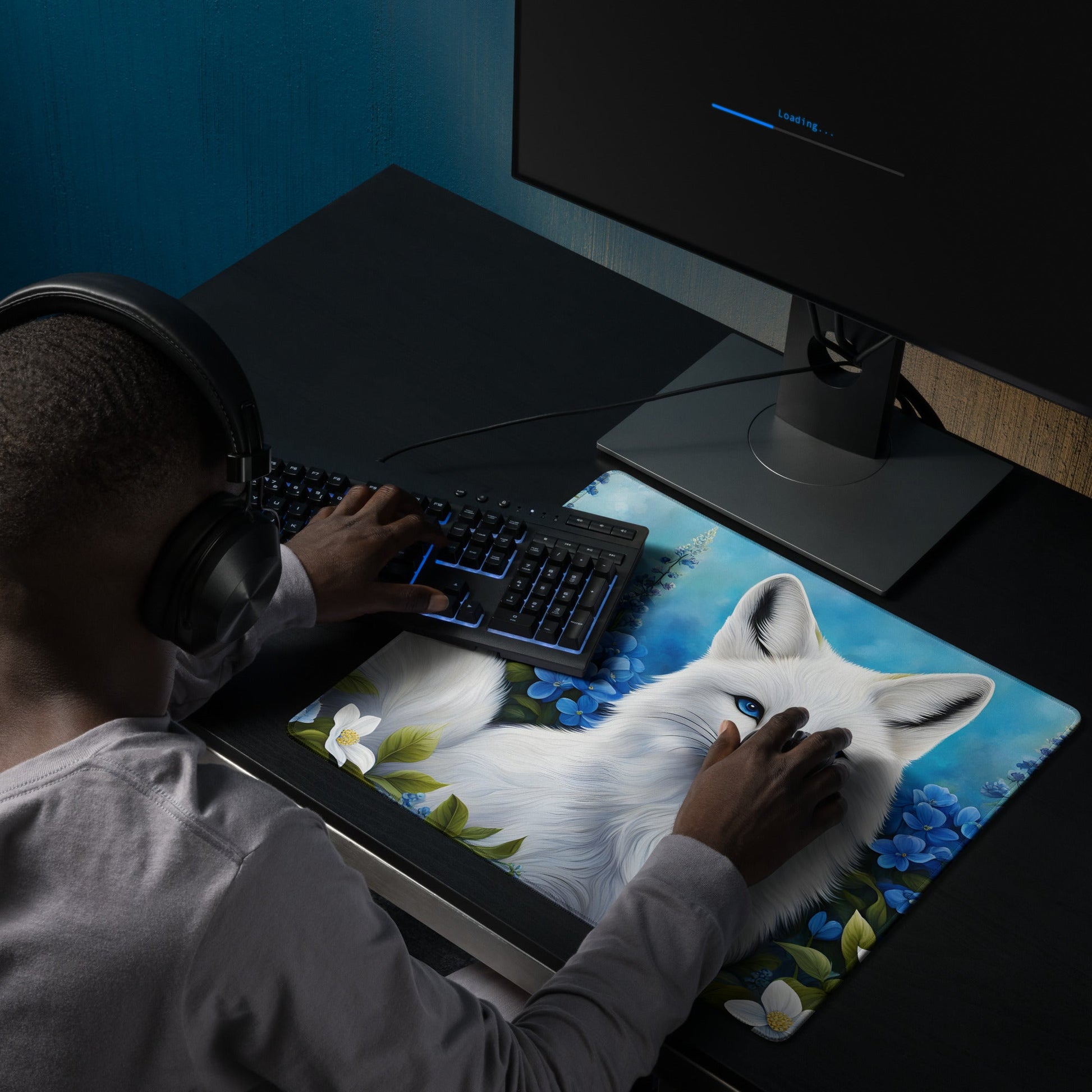 White Fox and Blue Flowers Gaming Mouse Pad - Mouse Pads - Discovery Co.