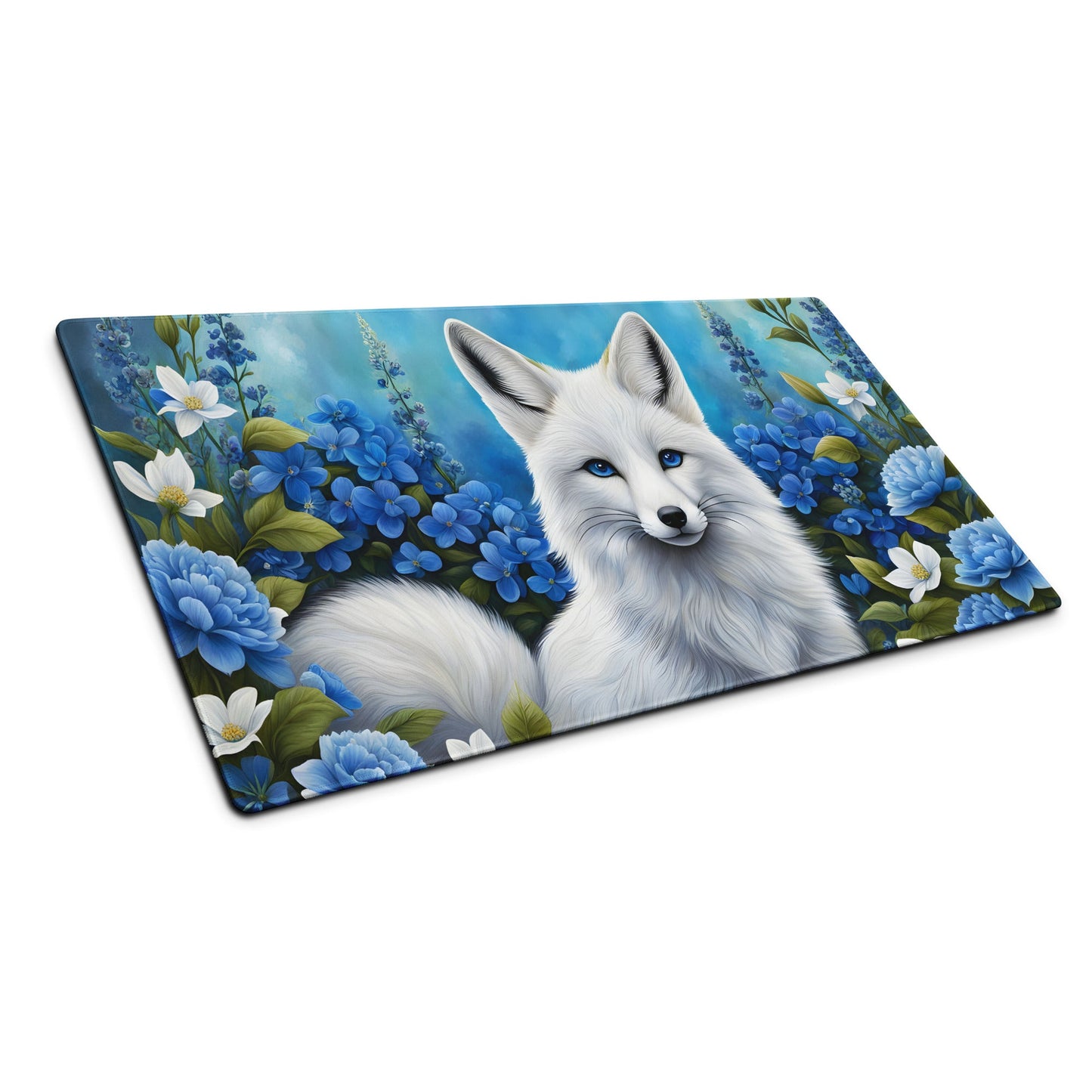 White Fox and Blue Flowers Gaming Mouse Pad - Mouse Pads - Discovery Co.