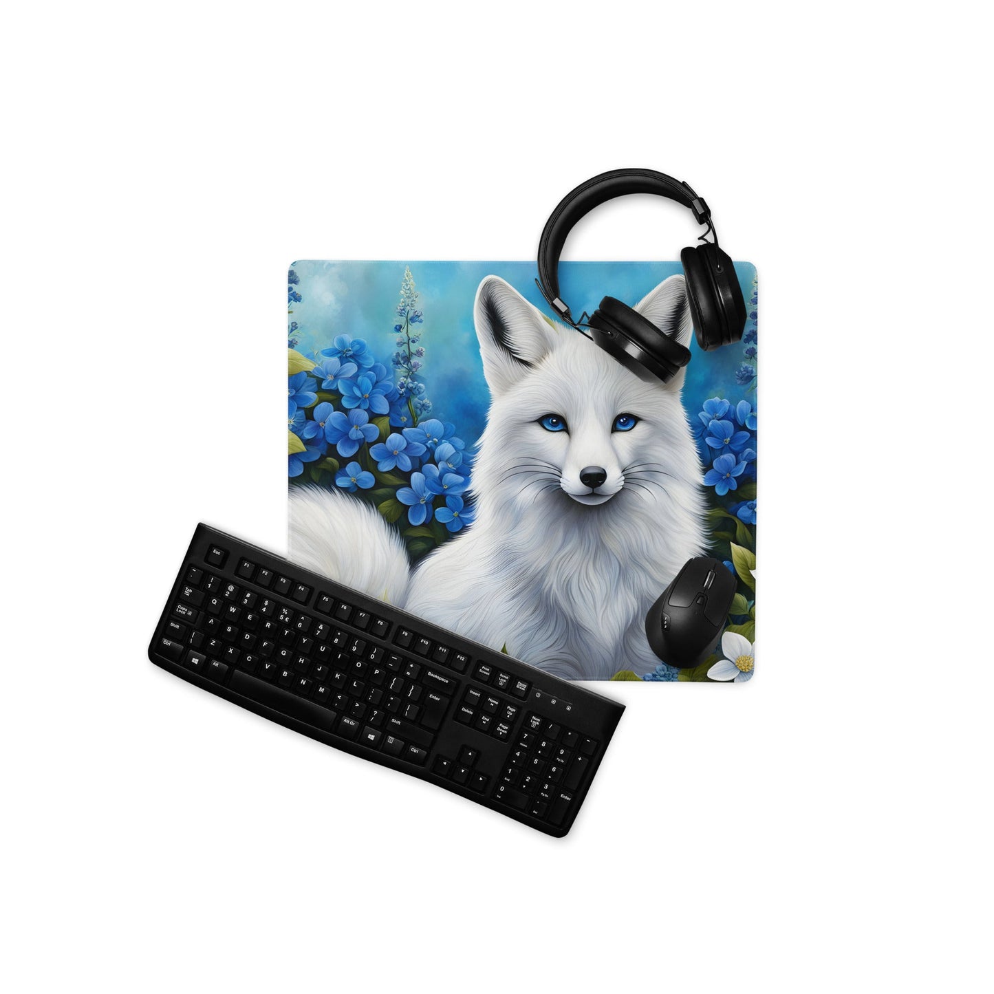 White Fox and Blue Flowers Gaming Mouse Pad - Mouse Pads - Discovery Co.