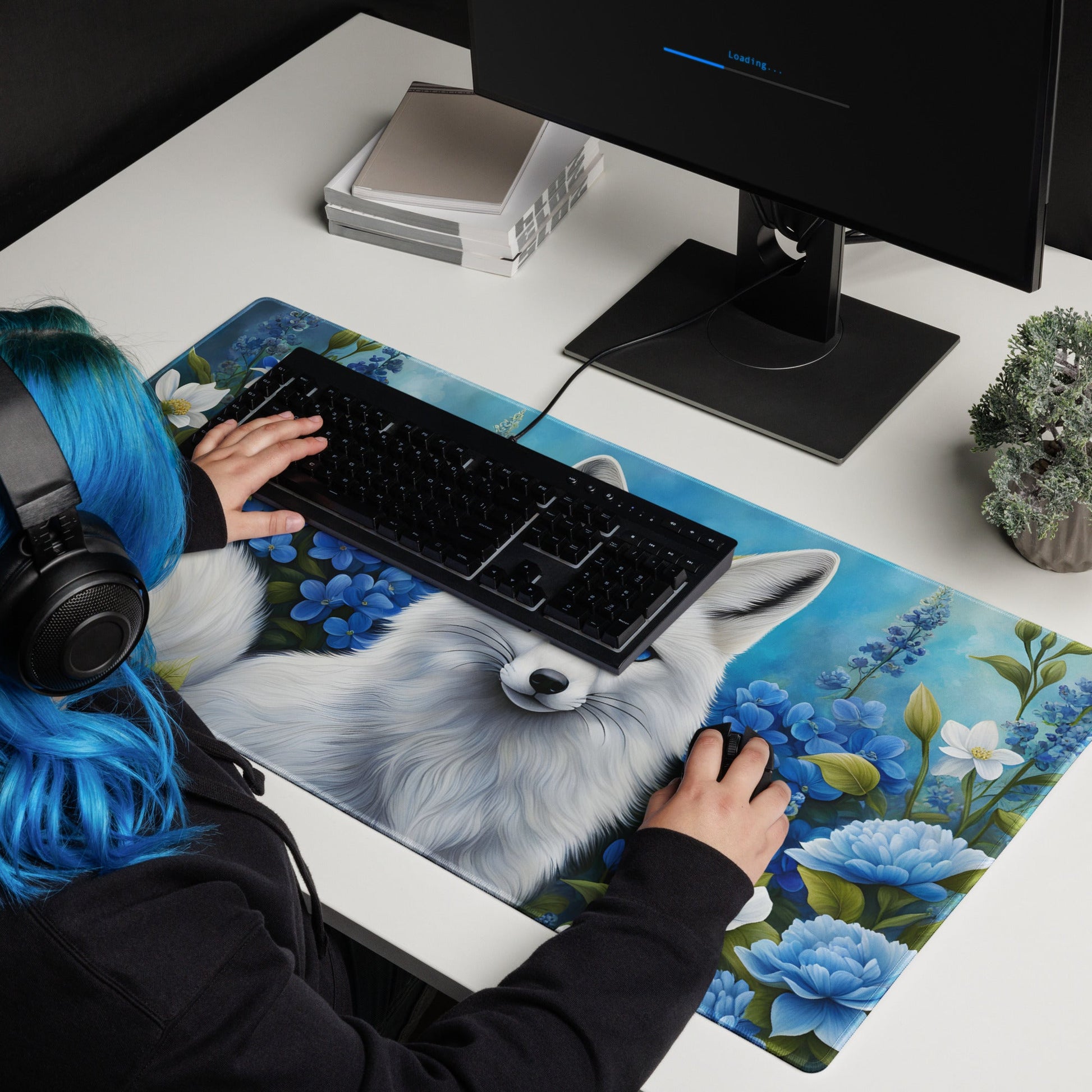 White Fox and Blue Flowers Gaming Mouse Pad - Mouse Pads - Discovery Co.