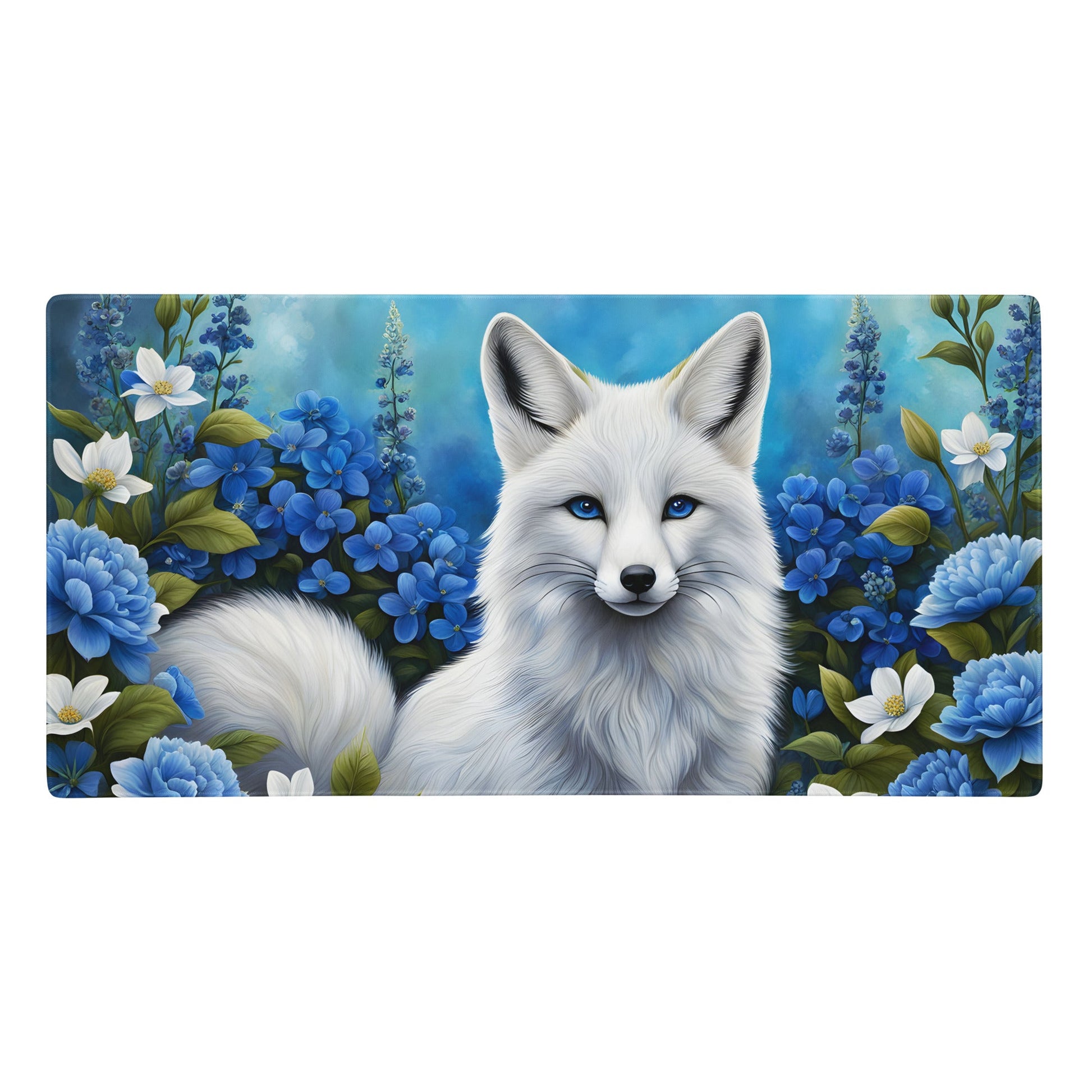 White Fox and Blue Flowers Gaming Mouse Pad - Mouse Pads - Discovery Co.