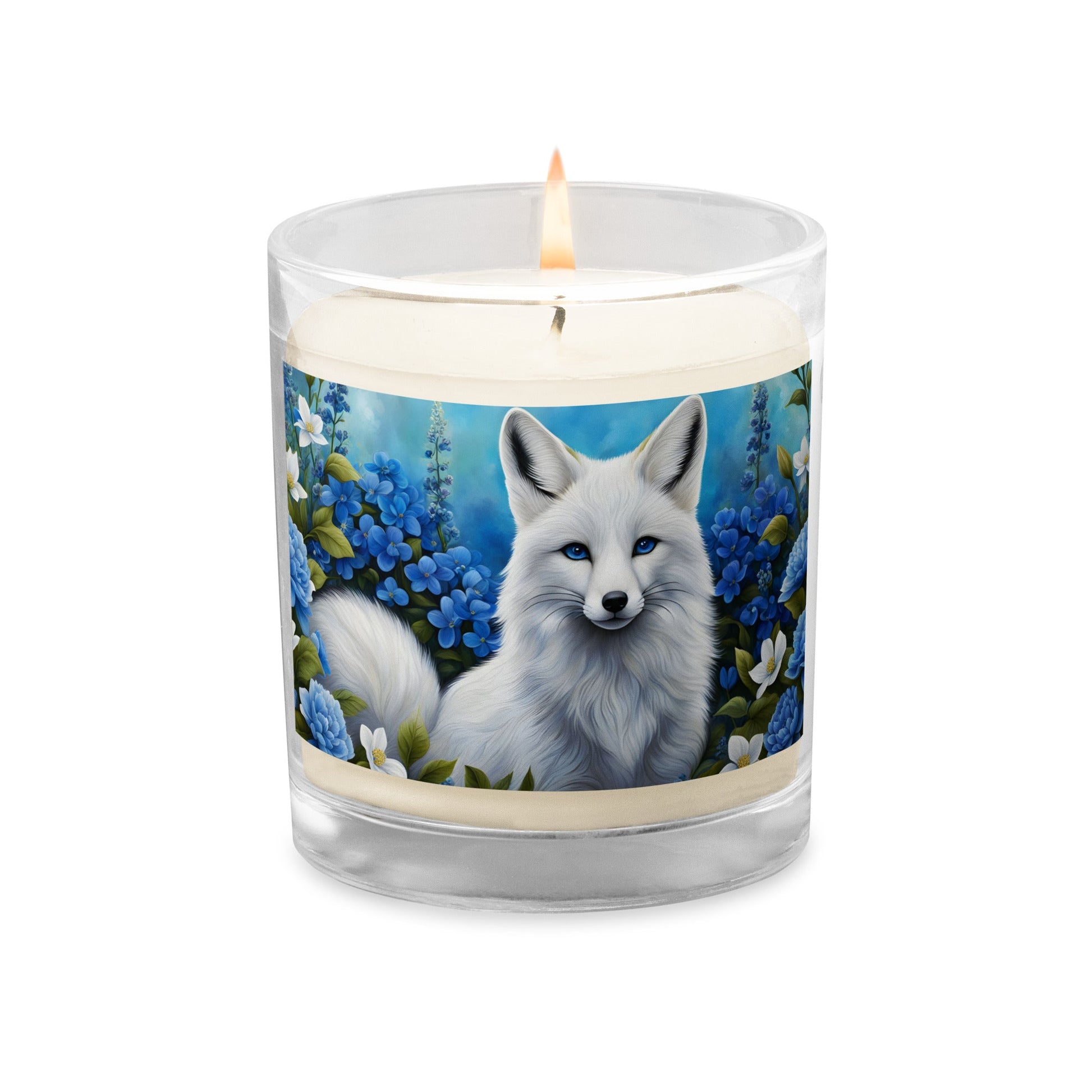 White Fox And Blue Flowers Glass Jar Soy Wax Candle - Candles - Discovery Co.