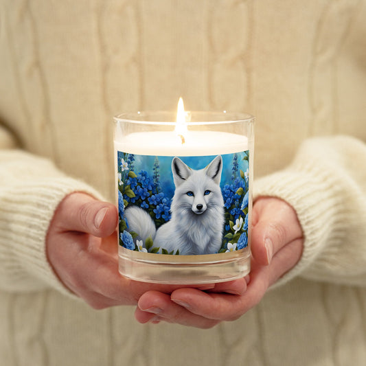 White Fox And Blue Flowers Glass Jar Soy Wax Candle - Candles - Discovery Co.