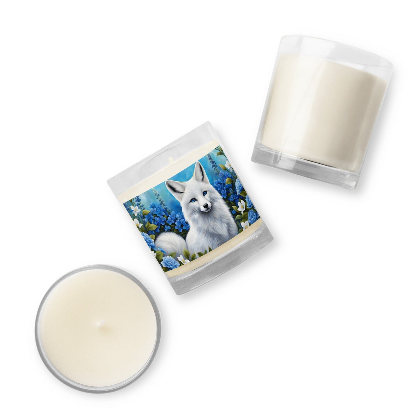 White Fox And Blue Flowers Glass Jar Soy Wax Candle - Candles - Discovery Co.