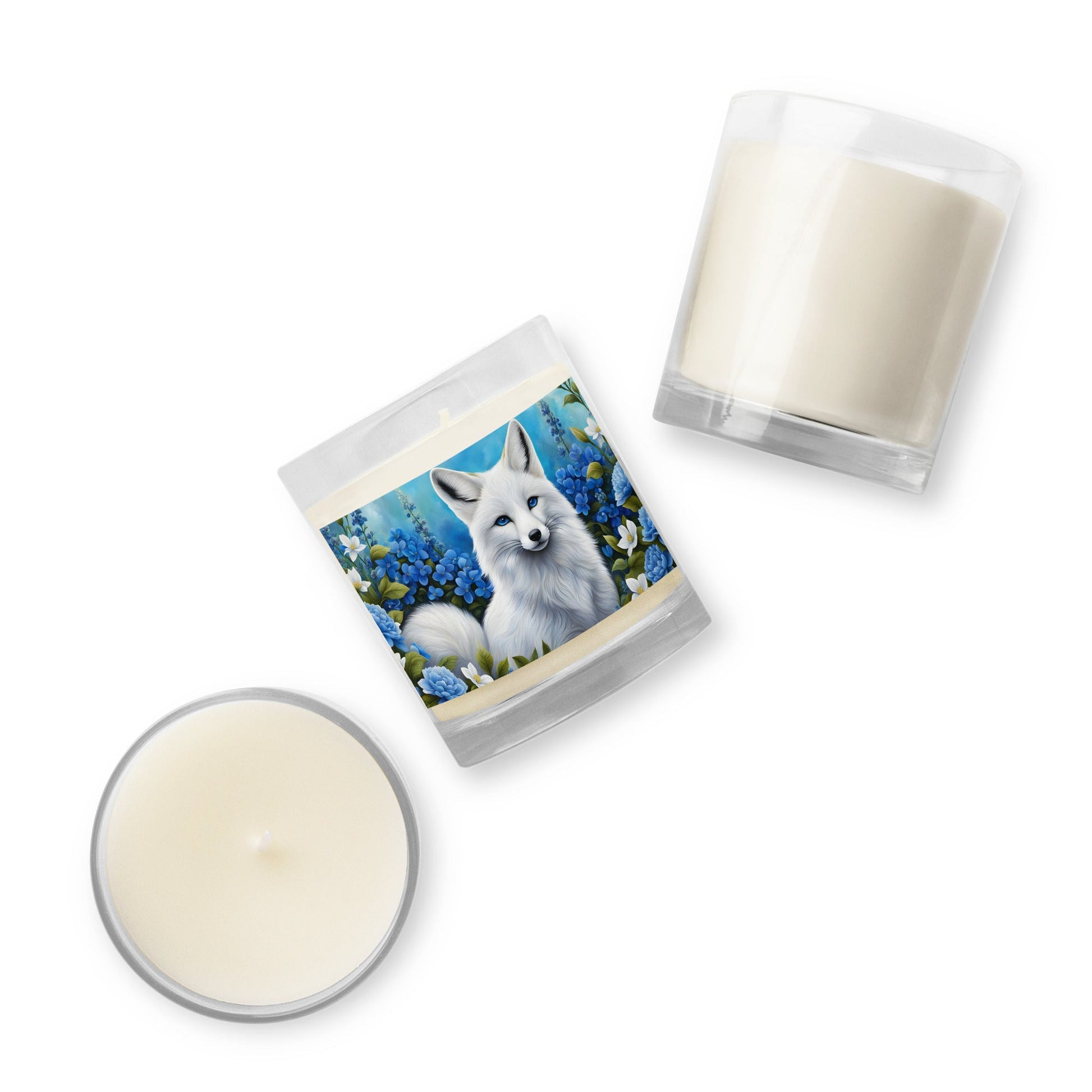 White Fox And Blue Flowers Glass Jar Soy Wax Candle - Candles - Discovery Co.