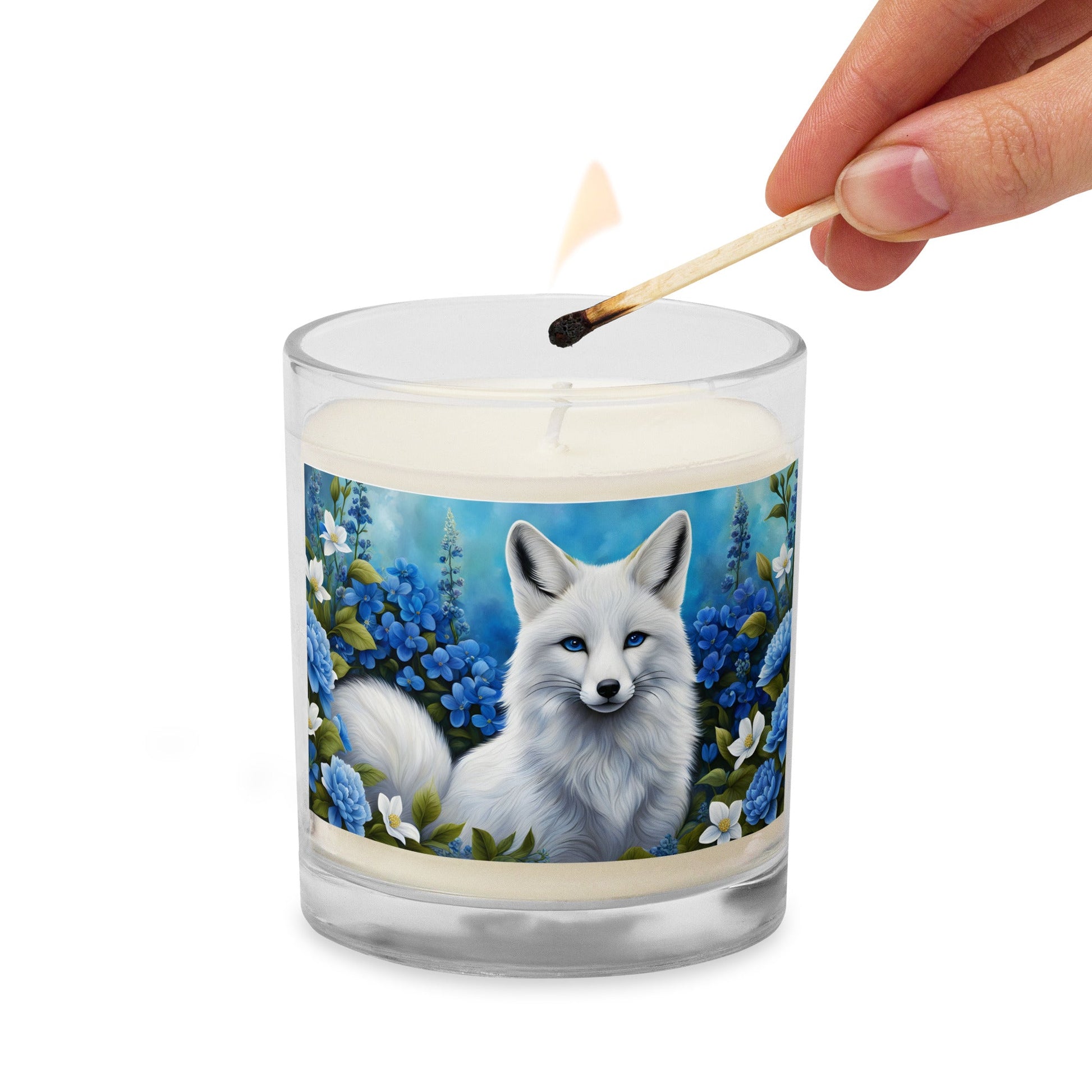 White Fox And Blue Flowers Glass Jar Soy Wax Candle - Candles - Discovery Co.