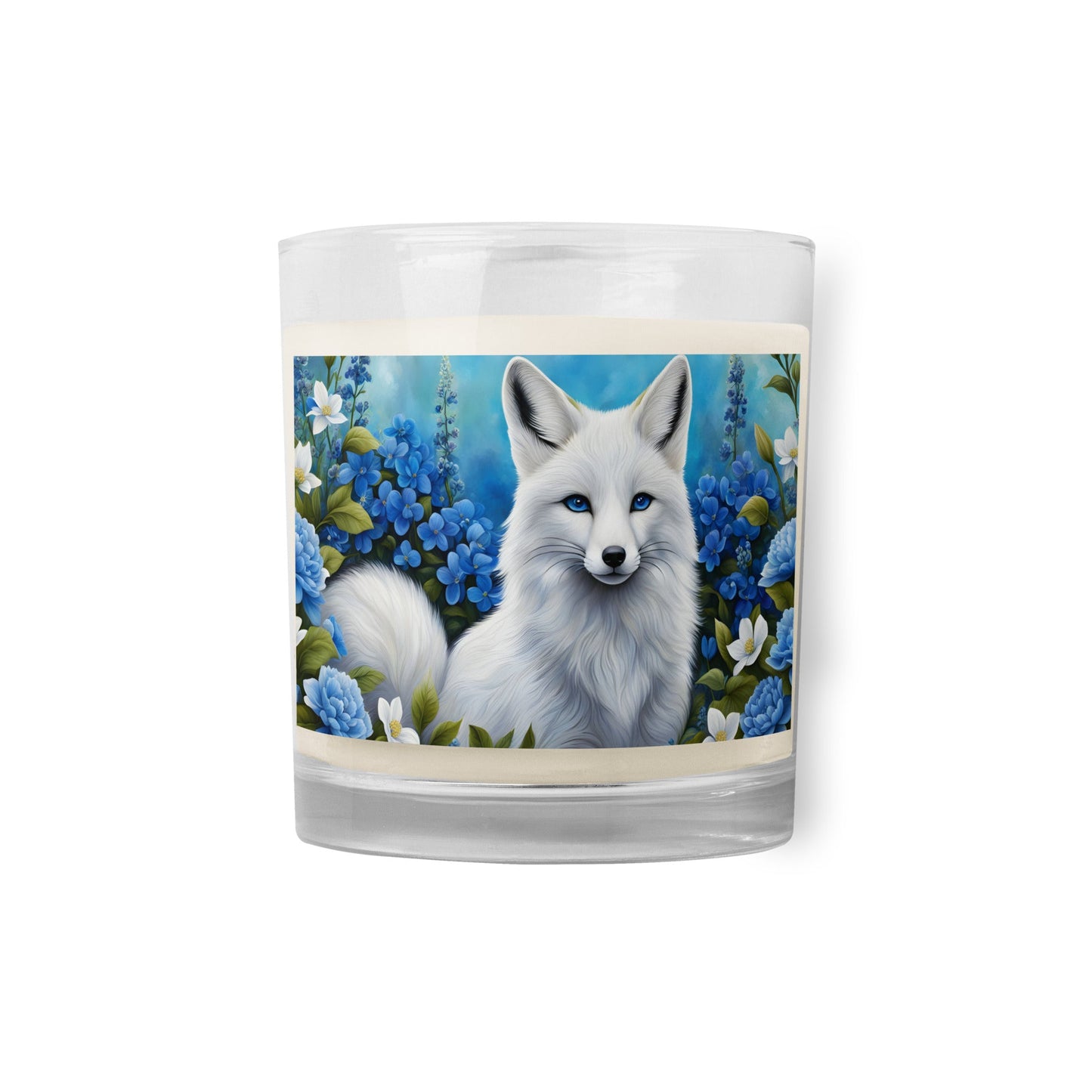 White Fox And Blue Flowers Glass Jar Soy Wax Candle - Candles - Discovery Co.