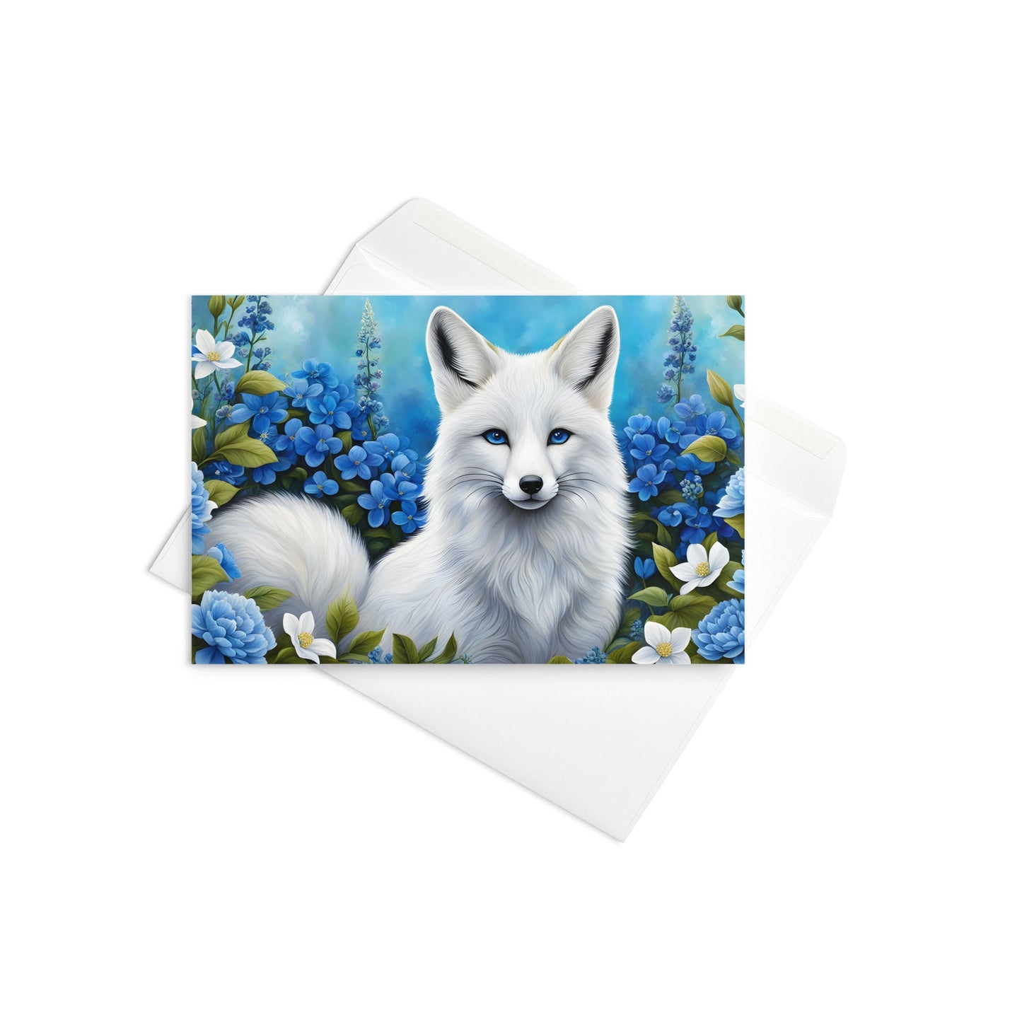 White Fox And Blue Flowers Greeting Card - Greeting Card - Discovery Co.