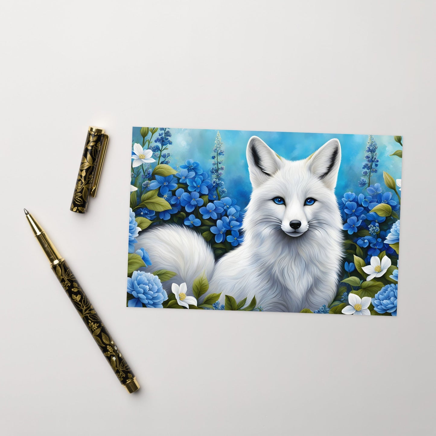 White Fox And Blue Flowers Greeting Card - Greeting Card - Discovery Co.