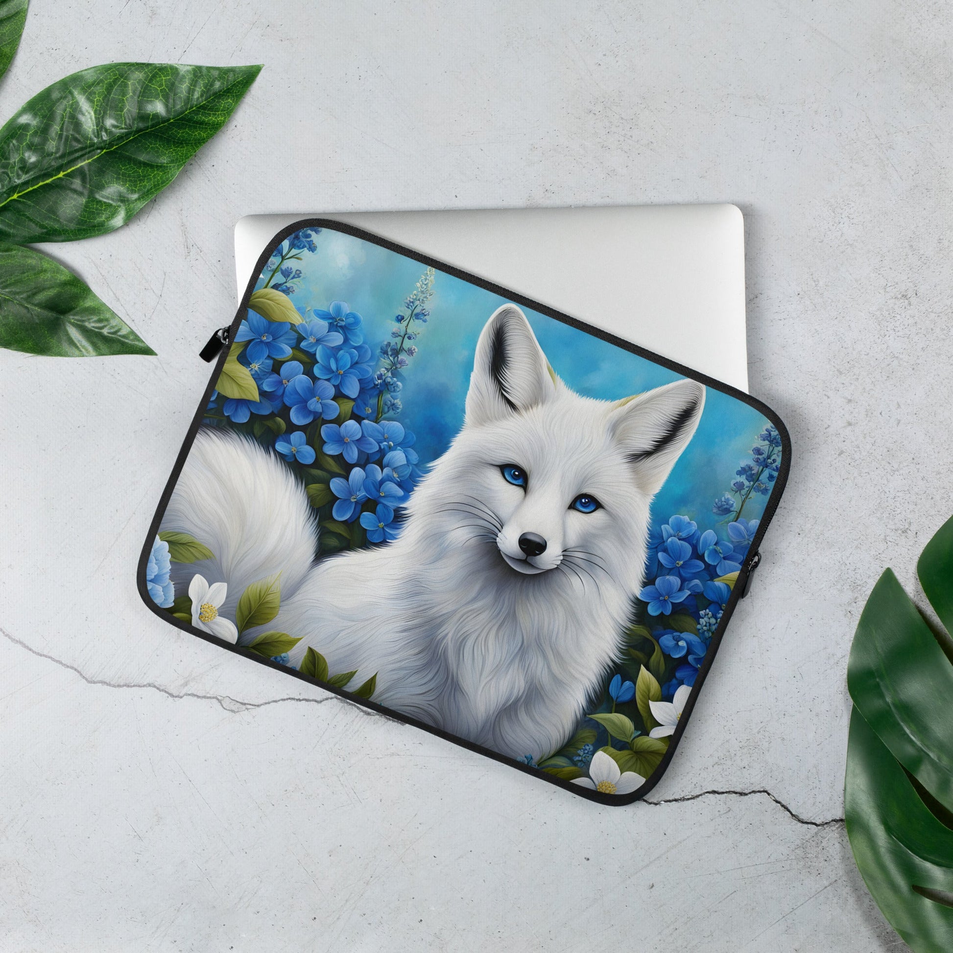 White Fox And Blue Flowers Laptop Sleeve - Laptop Cases - Discovery Co.