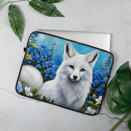 White Fox And Blue Flowers Laptop Sleeve - Laptop Cases - Discovery Co.