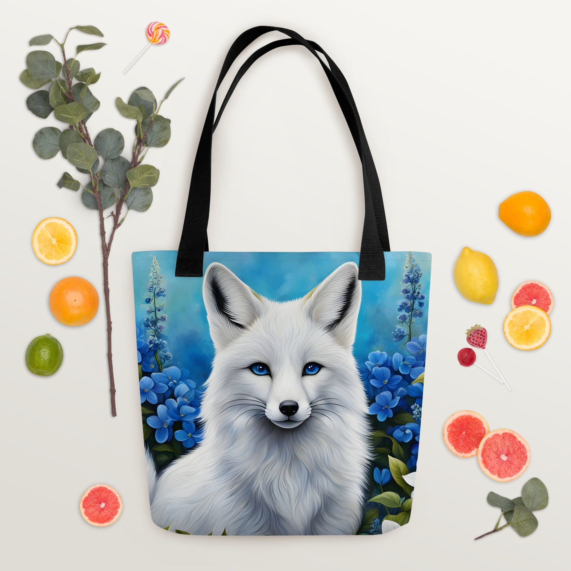 White Fox And Blue Flowers Tote Bag - Tote Bags - Discovery Co.